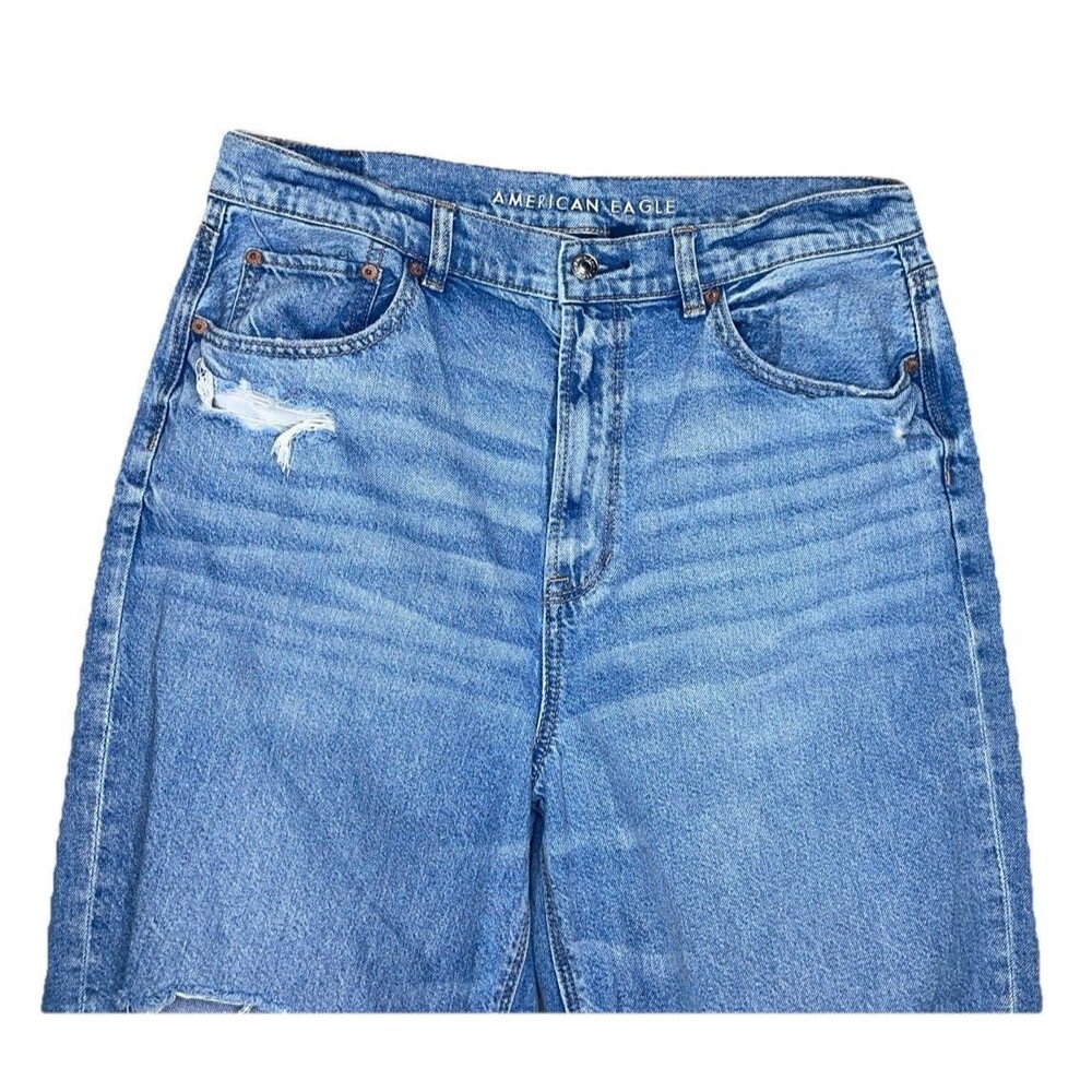 American Eagle Highest Rise Baggy Straight Jeans Size 14R Light Wash Distressed - Picture 3 of 14
